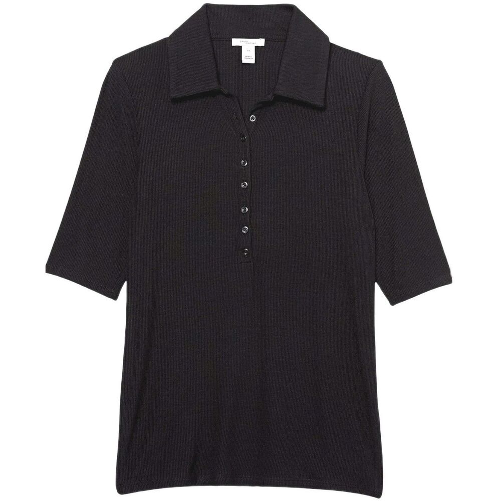 Women's Black Henley Polo Shirt Button XS Amazon Essentials NWT Stretchy Basics